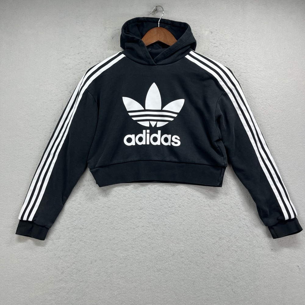 Adidas Hoodie Girls Medium Black Cropped Trefoil Logo 3-Stripe Sporty Athleisure